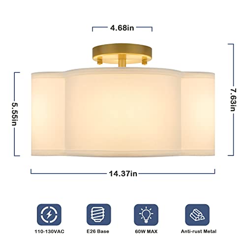 4-Light Semi Flush Mount Ceiling Light Fixture, Gold Modern Close To Ceiling Lamp With White Fabric Shade, Farmhouse Bright Lighting Brass Finish For Nursery Kids Room Bedroom Kitchen Hallway Entryway #TOP4
