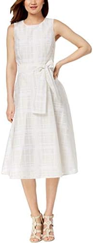 Calvin Klein Women s Sleeveless Plaid Fit and Flare with Self Sash Dress White White 2 at Amazon Women s Clothing store