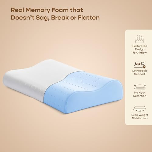 Image of SleepyCat CoolTEC Cervical Memory Foam Pillow | Full Size Contour Design for Neck Support | No Sagging, No Breaking | Upto 4 Cooler | Perforated Real Memory Foam | White, Set of 4 (25 x 16 Inches)