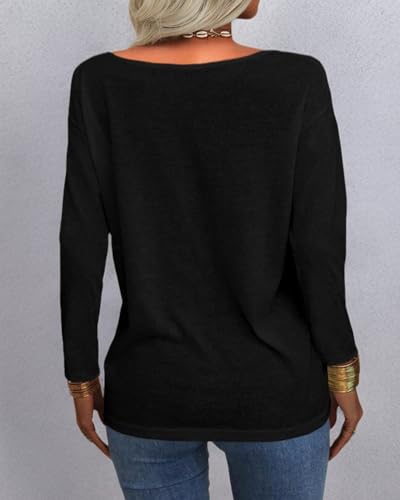 Danedvi Women Fashion Deep V-Neck Long Sleeve Tops Solid Casual Loose Basic T Shirt3