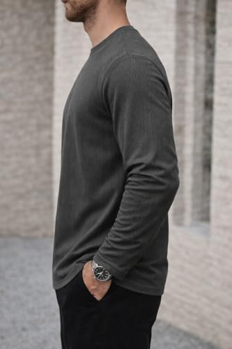 Image of Mack Jonney Men's Striped Ribbed Black Full Sleeve T-Shirt | Premium Soft Stretch Fabric | Casual Wear Round Neck Tee-M6265