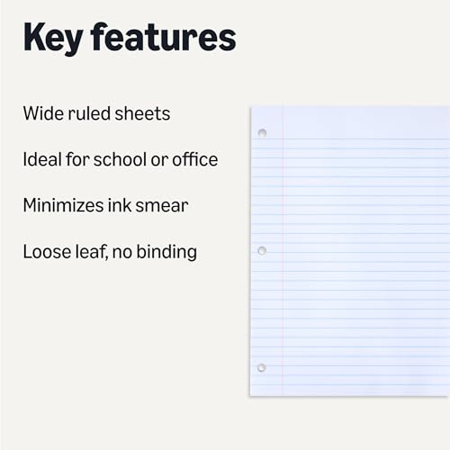 Amazon Basics Loose Leaf Paper, Wide Ruled Paper, 3 Hole Punched, 150 Sheets, 10.5\" x 8\", 1 pack, White - Thumbnail 2