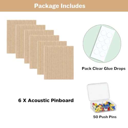 Image of QUIET CANVAS Acoustic Wall Slat Pinboard, 1x1ft, Pack 6, 50 PushPins Sand