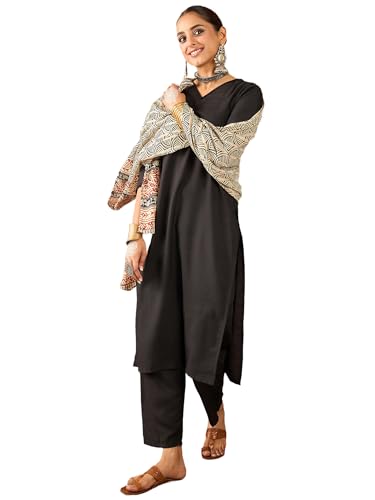 Image of INDO ERA Women's Straight Cotton Blend Solid Solid Kurta & Pant with Dupatta Set (IESTR10631)
