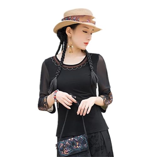 T-Shirt col Rond GUOYUXIAO pour Femmes avec Manches mi-Longues Coupe Droite Fluide