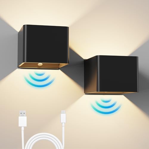 WRMING 2 Stück Akku Wandleuchte mit Bewegungsmelder, 5W Aufladbare Wandleuchte Innen Ohne Stromanschluss, 3000mAh, 3000K Kabellose Wandlampe Akku für Treppe, Flur, Schlafzimmer, Schwarz
