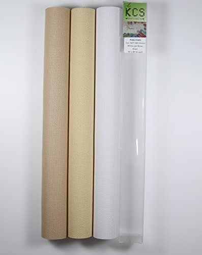 Image of KCS 3 pc of 15 inch x 18 inch Counted Cross Stitch Cotton Aida Cloth Needlework Rolled Fabric Box,14CT,White+Light Straw+Khaki