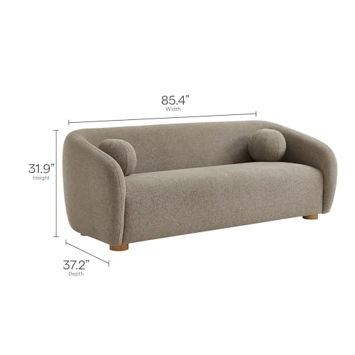 Image of Modway Holland 85 Inch Minimalist Curved Back Sofa in Taupe - Chenille Fabric Sofa with Ball Throw Pillows and Wood Feet - Modern 3-Seater Couch for Living Room
