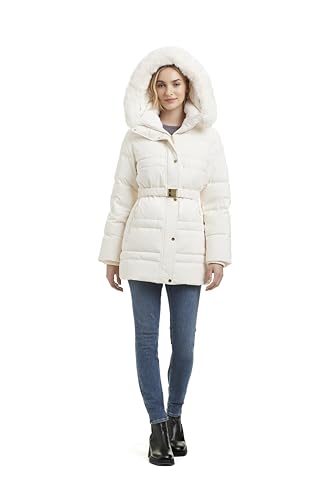 kate spade new york Women's Belted Short Down Puffer Jacket with Removable Faux Fur Trim, Cream, XS