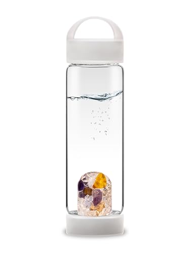 VitaJuwel ViA PRANA - Botella de agua de yoga con amatista, madera petrificada, calcedonia, ámbar y cristal de roca para la atención plena, el equilibrio interior y la fuerza vital