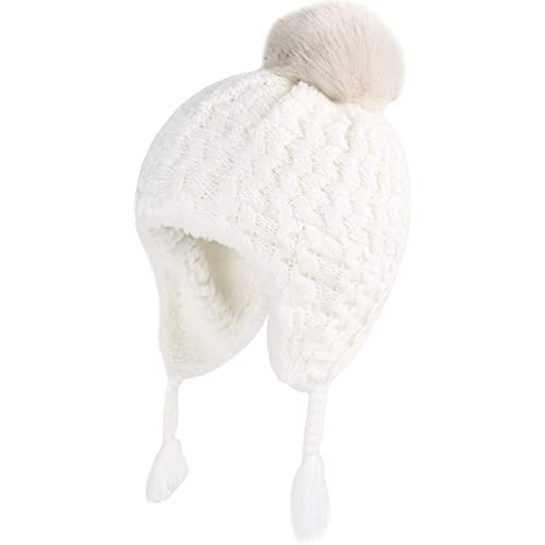 Koreshion Toddler Infant Beanie Hat With Ear Flaps Kids Winter Pom Hats Knit Warm Fleece Lined Cap For Baby Boys Girls White S #TOP17