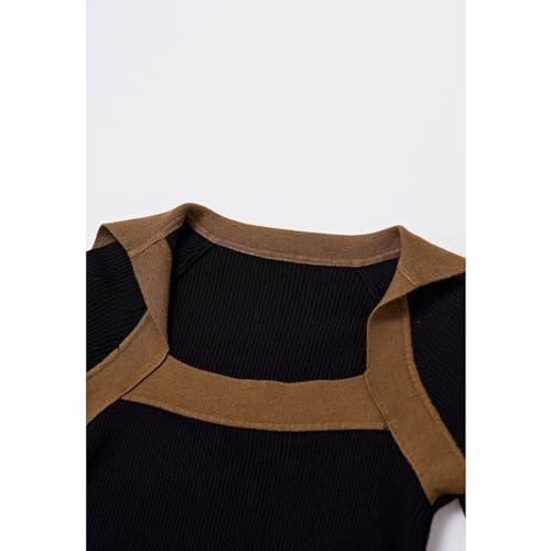 Image of CHICWISH Women's Long Sleeve Fall Fashion Black /Cream Square Neck Knit Top Split Bell Cuffs Pullover Casual Sweater