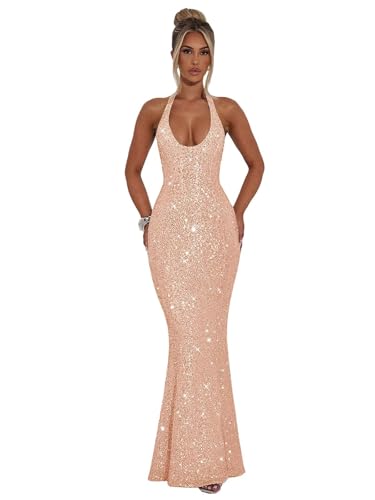 POMUYOO Halter Sequin Prom Dresses for Women Sparkly Corset Mermaid Formal Evening Cocktail Party Gowns Long