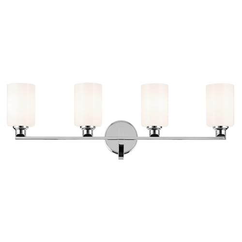 Image of Kichler Gioe 32.25 inch 4-Light Bathroom Vanity Light Fixture with Opal Glass in Chrome, Modern Wall Mount Light for Over Mirror, Damp Rated (32.25 inch W x 10.5 inch H), 55227CH