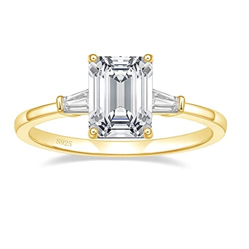 EAMTI 3CT 925 Sterling Silver Gold Engagement Rings 3-Stone Emerald Cut Cubic Zirconia CZ Wedding Promise Rings for Her Wedding Bands for Women Size 8