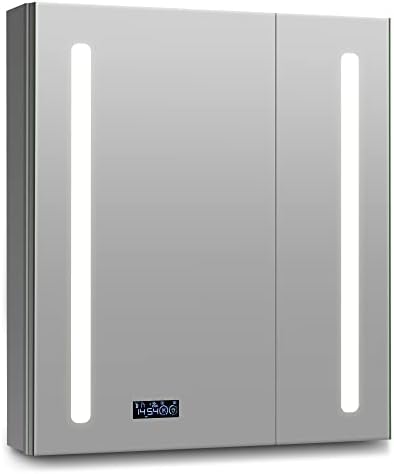 Bathlink LED Medicine Cabinet Mirror for Bathroom, Lighted Medicine Cabinet with Clock, Lighted Medicine Cabinets for Bathroom with Mirror, 26"×26"×5", Defog, Adjustable Light, Big Left Door