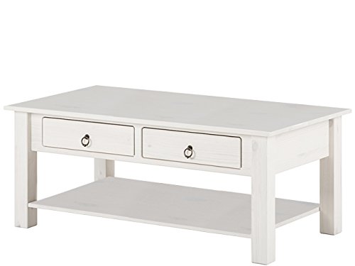 Loft24 Ilona Couchtisch weiß Landhaus Wohnzimmertisch mit Schubladen Kaffeetisch Sofatisch Beistelltisch Kiefer massiv 110x60 cm Cover