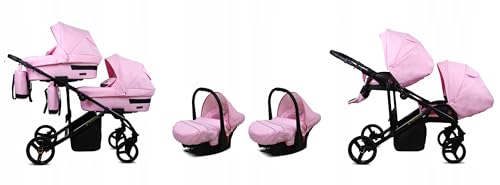 BabyLux® Enfant Poussette pour jumeaux Combinée Set 3 en 1 - Duo | Light Pink - incl. Nacelle, Canne, Siège de voiture - Siège Auto - Pliable - avec Sac à...