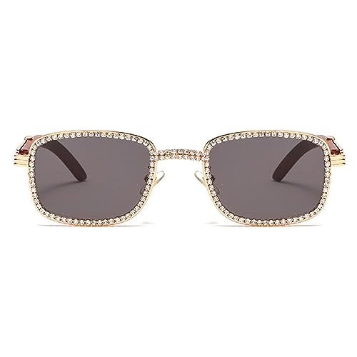 Luxury Rhinestone Sunglasses Women Small Square Bling Diamond Sun Glasses Men Wood Grain Frame Fashion Punk Shades