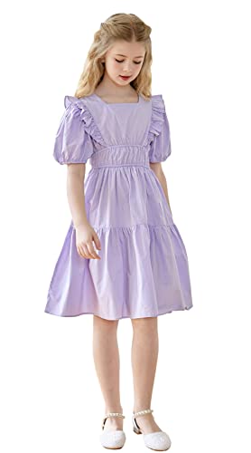 SMILING PINKER Girls Dress Square Neck Short Puff Sleeves Ruffle Party A-line Flare Solid Dresses