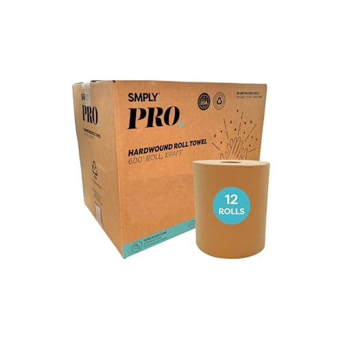 SMPLY PRO Hardwound Roll Towels – 600' Length, 12-Roll Case – Fits Universal Dispensers – Durable 2-Ply Kraft Towel for High-Traffic Restrooms, Kitchens, and Facilities