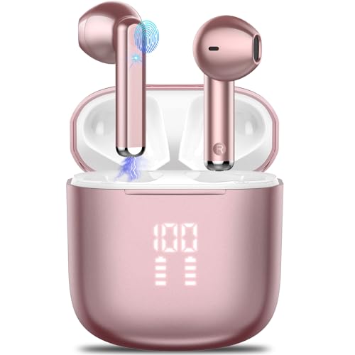 OYIB Auriculares inalambricos, Mini Auriculares Bluetooth 5.3 con Hi-Fi Estéreo con HD Mic, 25H In Ear Cascos Inalambricos con Pantalla LED, Control Táctil, IP7 Impermeable(Oro Rosa)