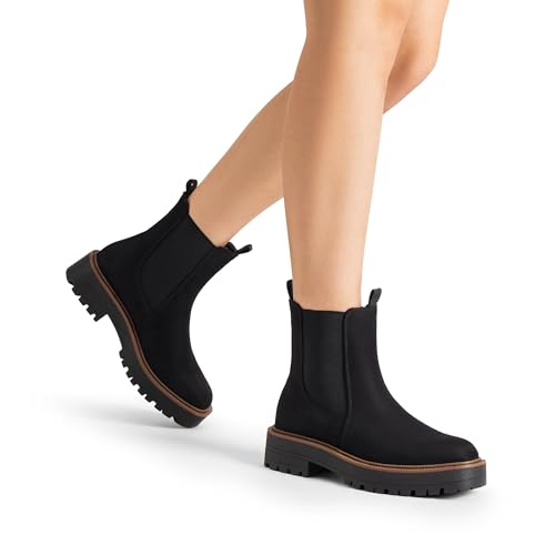 DREAM PAIRS Women's Chelsea Ankle Boots Square Toe Fashion Low Heel Lug Sole Platform Fall Booties Shoes,Size 6,Black-Suede,SDAB2412W
