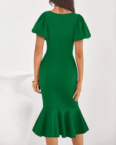 BTFBM Women Formal Wedding Guest Cocktail Dresses 2026 Short Sleeve Ruffle Mermaid Work Bodycon Elegant Midi Summer Dress(Green, Small) — view 3