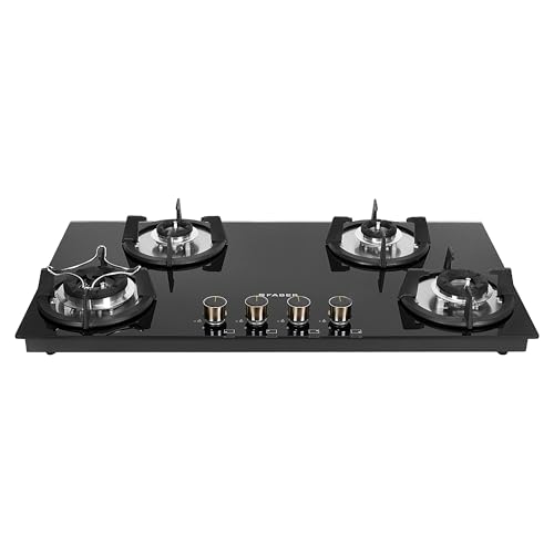 Faber Hob 4 Burner | Auto-Ignition | Spillage Proof | HOB SUPERIA HT904 BR AI |Metal Knobs | Pan Support |5 Yr Warranty on Burner & Glass | 1Y Comprehensive