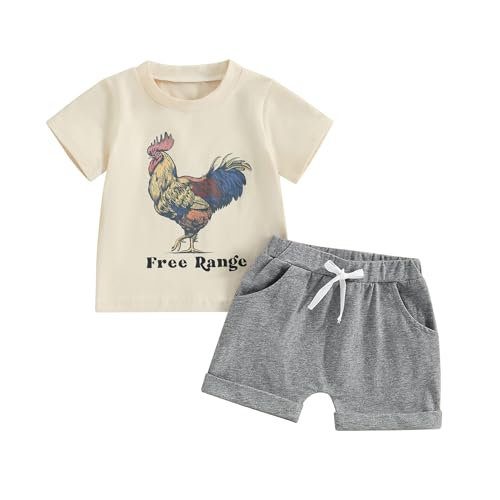 WZTYYDS Toddler Baby Boy Clothes Short Sleeve Western T-Shirt Tops Solid Joggers Casual Shorts Set 2Pcs Summer Outfits (A-Rooster Beige, 12-18 Months)