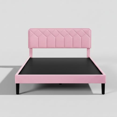 Image of APRODZ Queen Size Bed | Upholstered Platform Bed Frame with Velvet Tufted Headboard & Wooden Slat Support | Bed Queen Size Without Storage | No Box Spring Required | Black Wooden Legs Pink Fabric