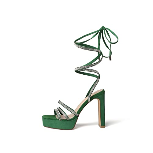 Vivianly Women's Lace Up Platform Chunky Heel Sandals Suede Strappy Ankle Wrap Rhinestone Heels For Wedding Work Party Dress Size 10 Green #TOP1