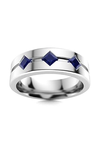 Jewels by Parijaat 1.50 Cttw Princess Cut Created Blue Sapphire Three Stone Men's Wedding Engagement Ring In 14K White Gold Over 925 Sterling Silver Ring Size-14