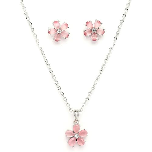 Image of ZENEME Rhodium Plated Silver Toned American Diamond Studded Floral Shaped Pendant Chain With Earrings Jewellery Set For Women And Girls