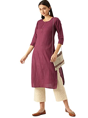 Image of Saanjh Women's Fit Straight Cotton Blend Long Kurta, 3 /4 Sleeve, Knee Length Kurtis, Casual and Office Wear