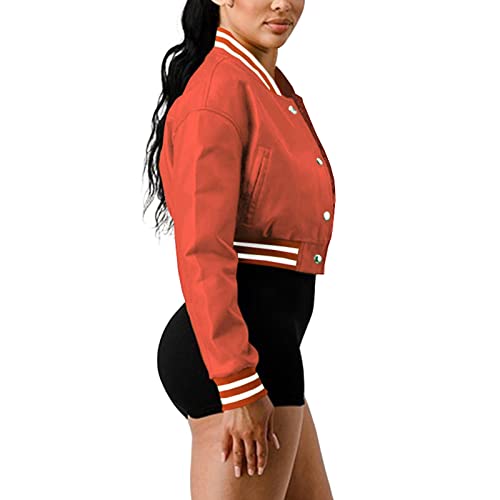 Kaimimei Women's Casual Baseball Jacket Faux Leather Colorblock Button Crop Bomber Jacket #TOP3