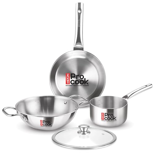 MILTON 4-Piece Triply Stainless Steel Cookware Set Tea Pan 16cm Fry Pan 22cm Wok/Kadai with Glass Lid 24cm Even and Fast Heating Induction & Gas Ready - Silver