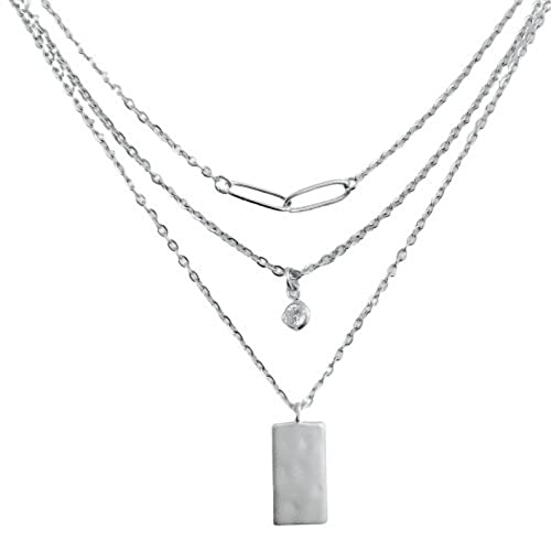 pre- layered necklace: RECTANGLE tag, CZ, OVAL links; non-tarnish silver stainless steel chain and rhodium plated charms (simple, everyday, dainty)