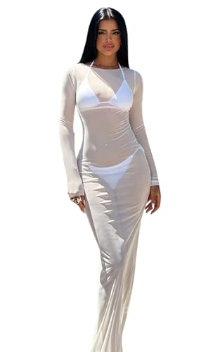 Vestido sexy de malla transparente con hombros descubiertos para mujer, bodycon, transparente, para club, maxi body de manga larga, Blanco, Large