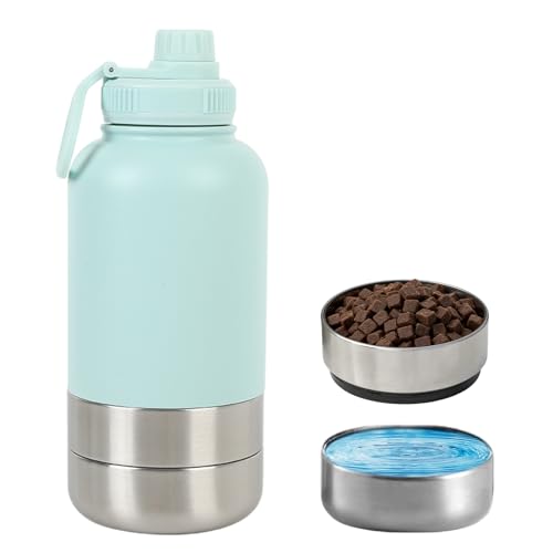 Borraccia per cani in viaggio, bottiglia d'acqua da 950 ml, in acciaio inox, isolata per 12 ore, per cani in viaggio, con ciotola per acqua e cibo, senza BPA, per escursioni, viaggi, passeggiate