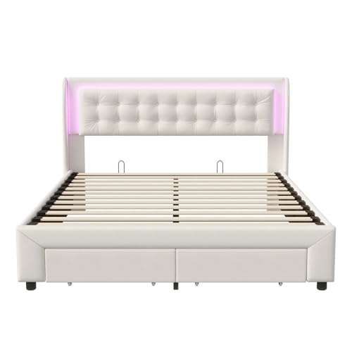 SHAODENG Boxspringbett 180x200 Doppelbett mit LED-Kopfteil, Hydraulisch Stauraumbett mit 2 Schubladen, Bettgestell mit Stauraum und Lattenrost, Beige Samt Gepolsterte Bett, ohne Matratze