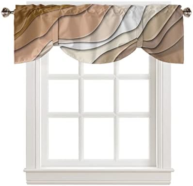 Brown Ombre Tie Up Valance Curtains for Windows, Modern Geometric Brown Kitchen Curtains Window Treatments, Abstract Art Cream Aesthetic Short Window Shades Valances for Bedroom Bathroom Cafe 54″x18″