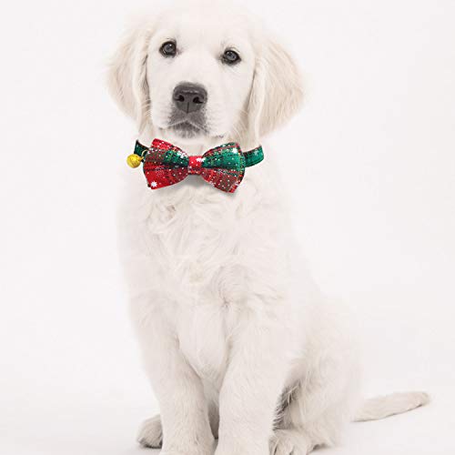 Image of 2 Pack /Set Christmas Snowflake Dog Collars Breakaway with Bow Tie and Bells for Cat and Small /Medium /Large Pets, Red & Green (M(11.8''-17.8''), Red+Green)