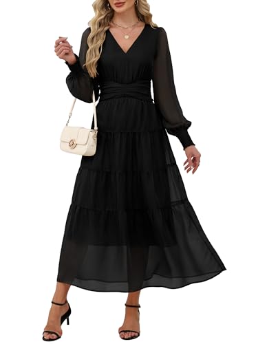 ANRABESS Womens Floral Long Sleeve Maxi Dress V Neck Chiffon Flowy Boho A-Line 2025 Fall Wedding Guest Party Wrap Dresses Black Large