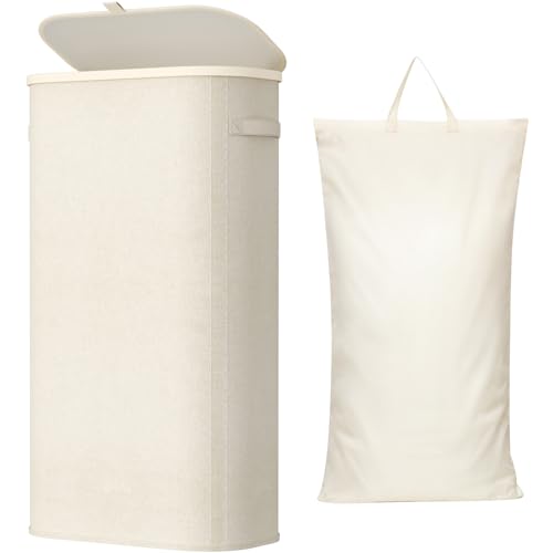 Image of Lifewit Slim Laundry Basket with Lid, Narrow Large Laundry Hamper with Plastic Handles and Removable Bag, Tall Foldable Dirty Clothes Hampers for Laundry Room, Bedroom, Bathroom, Dorm, 75L White