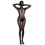 FiwoXam Women's High Stretch Oil Glossy Bodystocking One Piece Full Body Bodysuits Nightwear Lingerie Tight (Black)