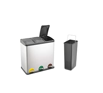 EVRE Stainless Steel Multi Compartment Recycling Bin with Removable Inner Buckets, Odour Seal, Non Slip Base Dustbin for Rubbish Trash Waste Indoor Kitchen Office Home 45L, 3x15L Compartments