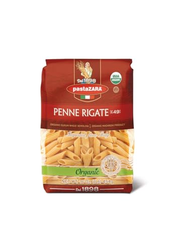 PASTA ZARA - Penne Rigate - Organic - 100% Italian Pasta, Made with Durum Wheat Semolina Flour, Non GMO, Kosher (1 LB. BAG) - Consistently al Dente.