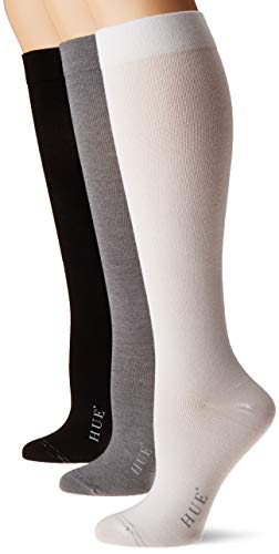 HUE Women's Graduated Compression Knee Socks 3 Pair Pack, Charcoal Heather/White/Black, One Size