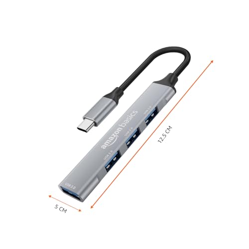 Image of Amazon Basics 4-in-1 USB C Hub, Type C Multiport with 1 x USB 3.0 & 3 x USB 2.0 Ports, up to 5 Gbps High Speed Data Transfer for Laptop, MacBook, PC (Grey)